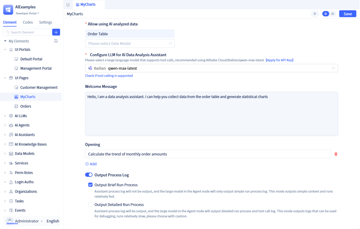 Create AI Data Analysis Page - Configuration